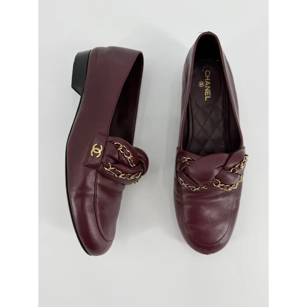Chanel Bordeaux Burgundy Braided Lambskin CC Chain Loafers Size 39.5 EU 9